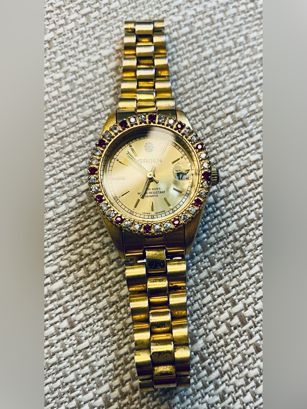 Gruen Gold-Tone Crystal Bezel Women's Watch - Gold & Ruby Accents
